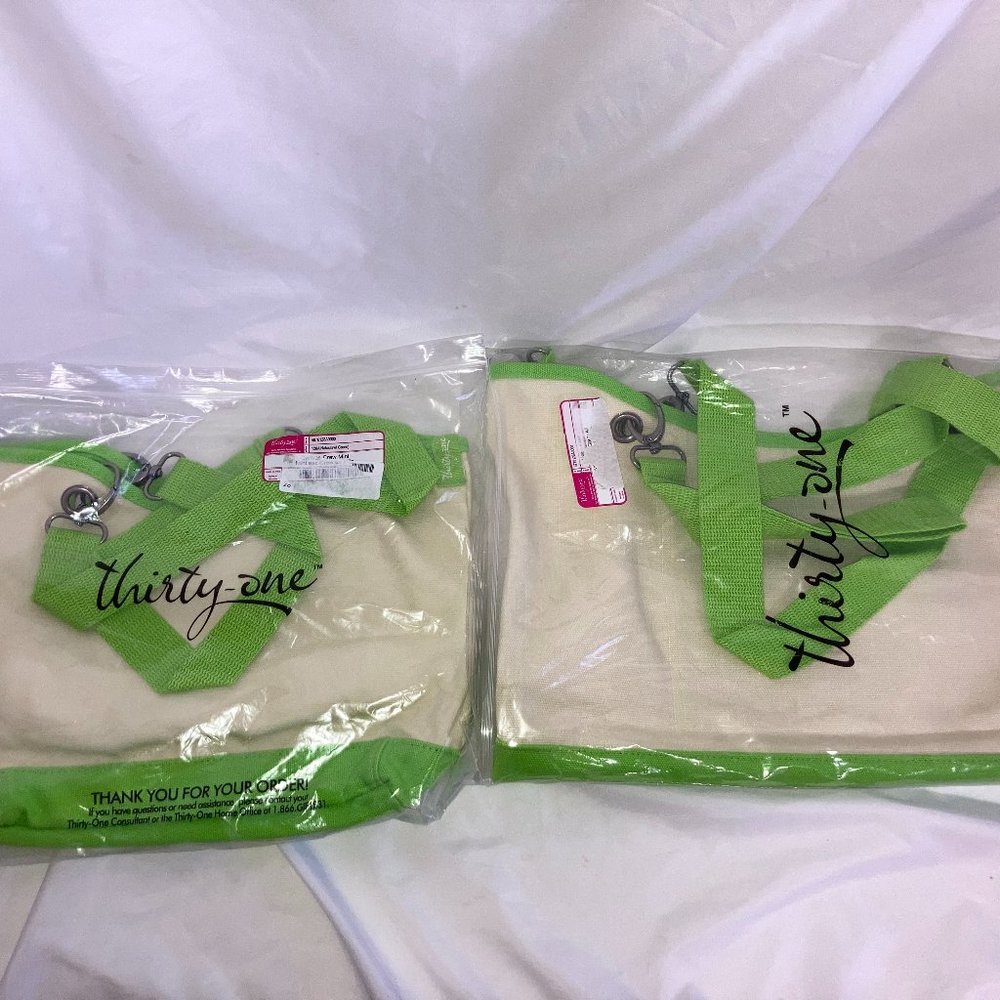 New Thirty One Natural w/Green Canvas Crew Mini & Crew Carry All Combo Set